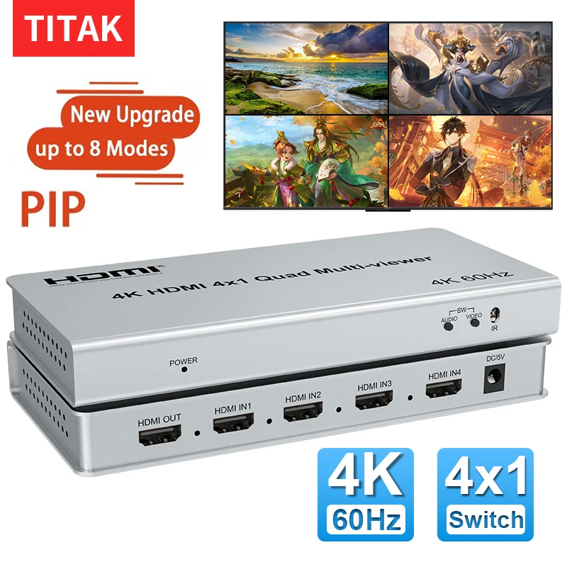 4K 60Hz HDMI 4X1 Quad Multi Viewer Switch 4 in 1 out HDMI Screen Multiviewer Seamless for 180'270' Flip PIP Picture in Picture