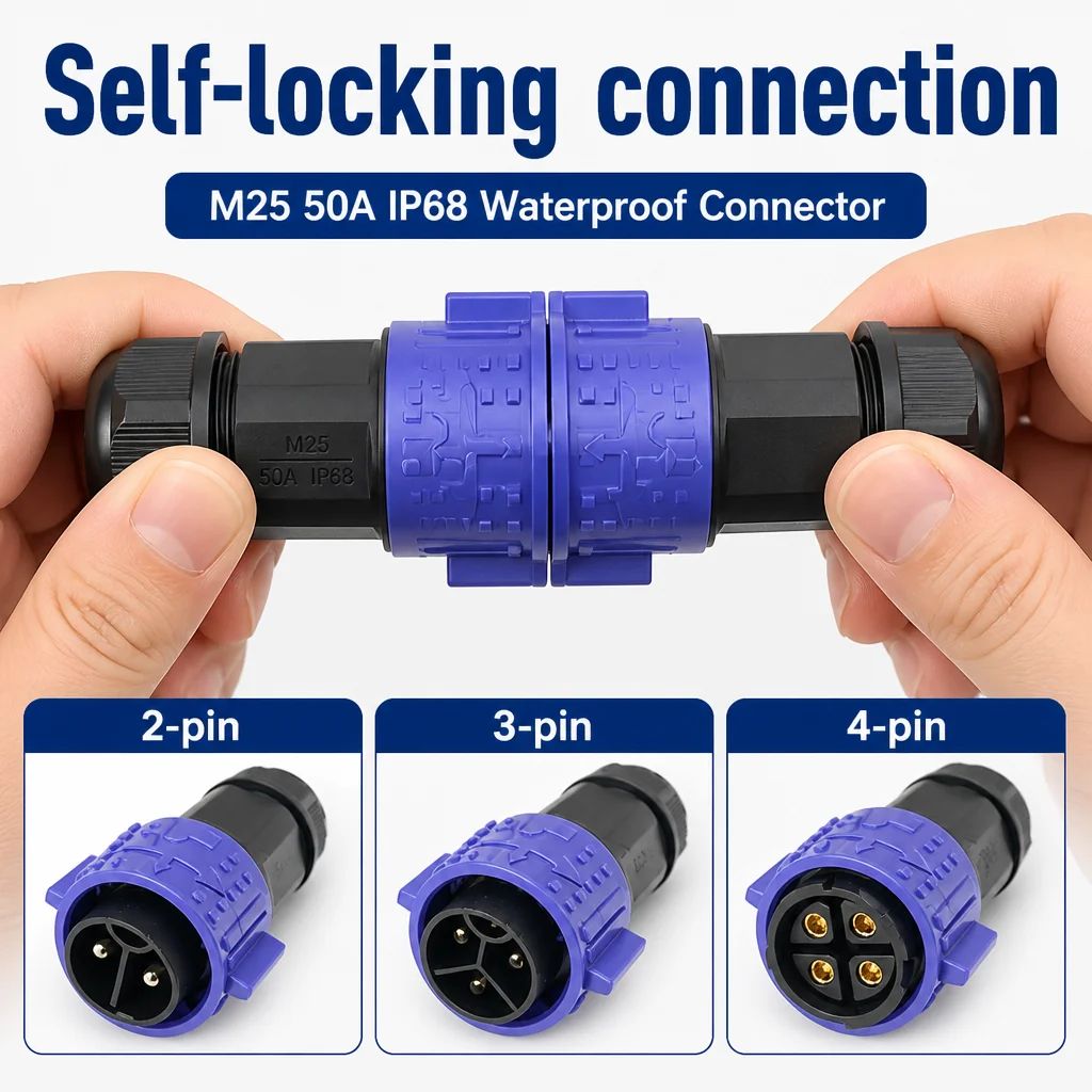 M25 50A IP68 Wasserdichter Steckverbinder 2/3/4-polig Hochstrom-Selbstverriegelnder Luftfahrtstecker für Energiespeicher-Batterieladung