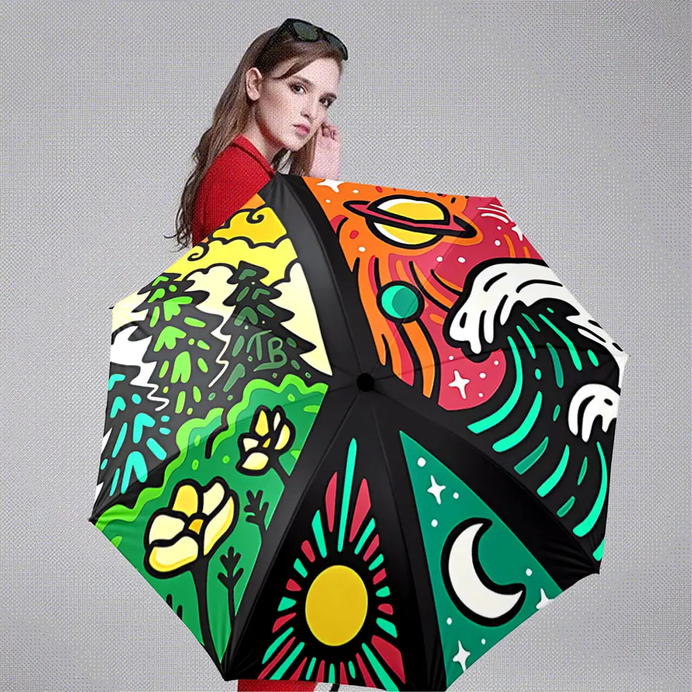 Colorful Peace Symbol with Nature, Space, Sun, and Moon Design. ,Portable Folding Umbrella, Gift for Family Friends