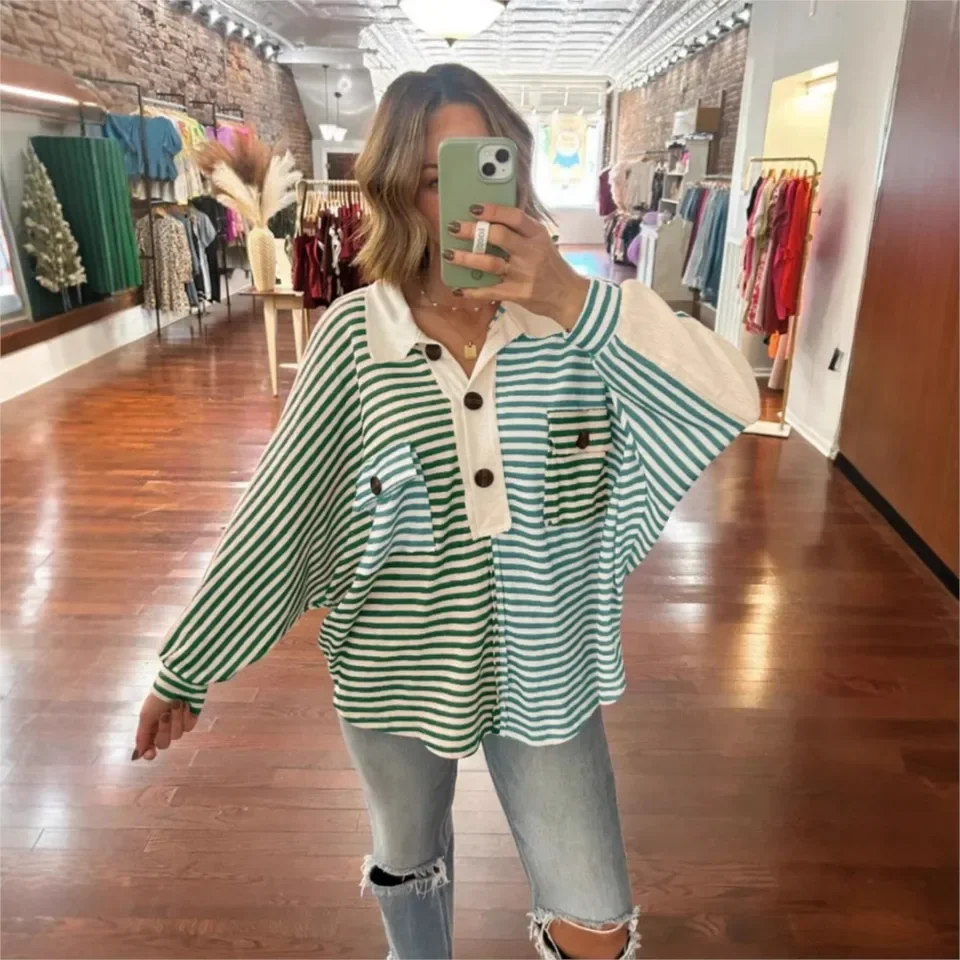 Fashion Printed Striped Polo Shirt Lapel Long-sleeved Women's Top Autumn New Casual Loose Retro And Versatile Female Tops 2025 - Detail 1