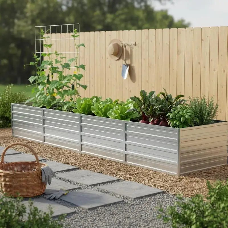 Jardinera Elevada de Acero de 320x80x45 cm Esta moderna maceta está hecha de acero, lo que la hace resistente y duradera. Es adecuado para plantar flores, verduras y cilantro en tu patio o balcón. plata