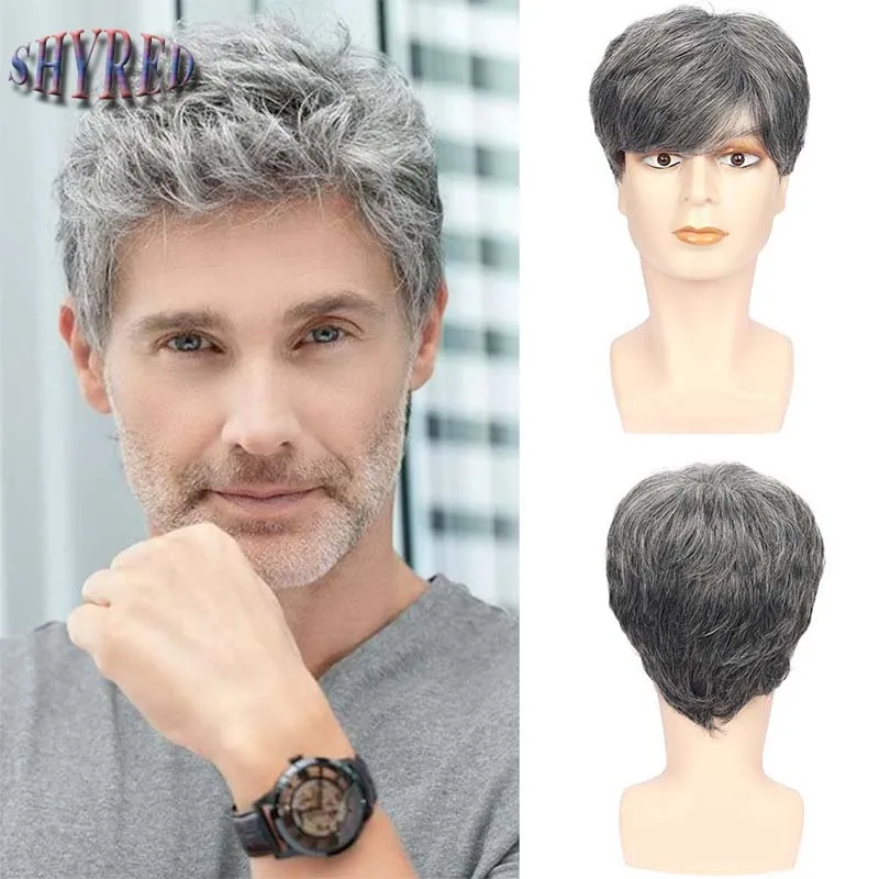 

Synthetic Short Straight Gray Wigs with Side Part Layered Bangs for Men Daily Wear Realistic Looking Fake Wig