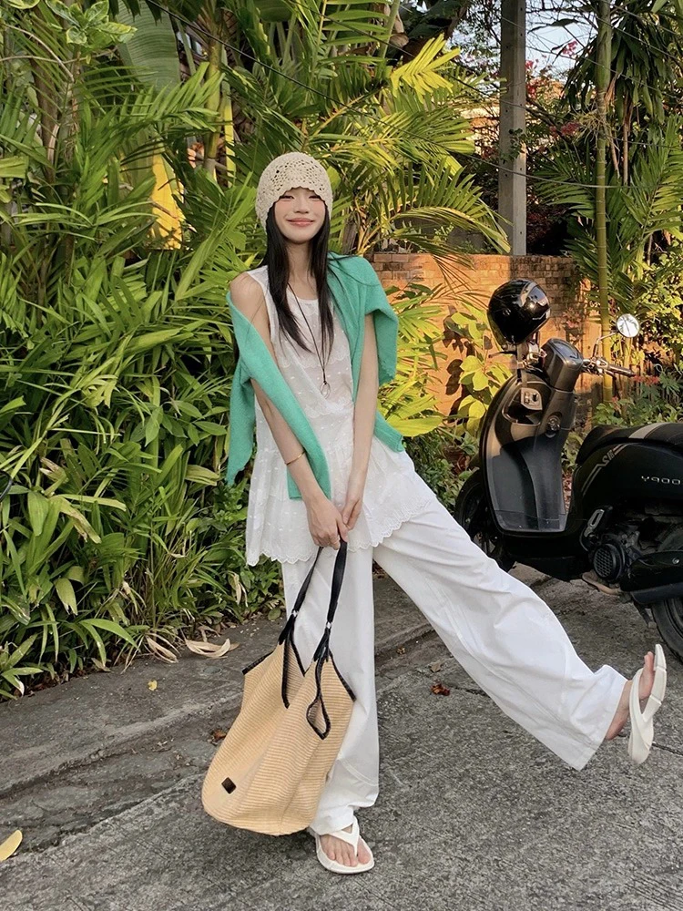 Estilo coreano branco renda bordado colete crimento médio sem mangas primavera verão novo doce suave camadas vestido de sa...