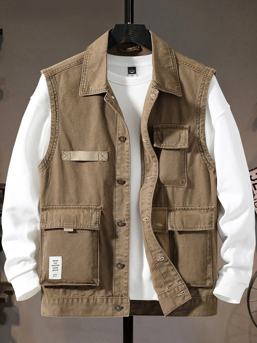 

Мужской джинсовый жилет для работы с множеством карманов, повседневный, для активного отдыха, в стиле ретро, американский стиль, молодежный, на одной пуговице