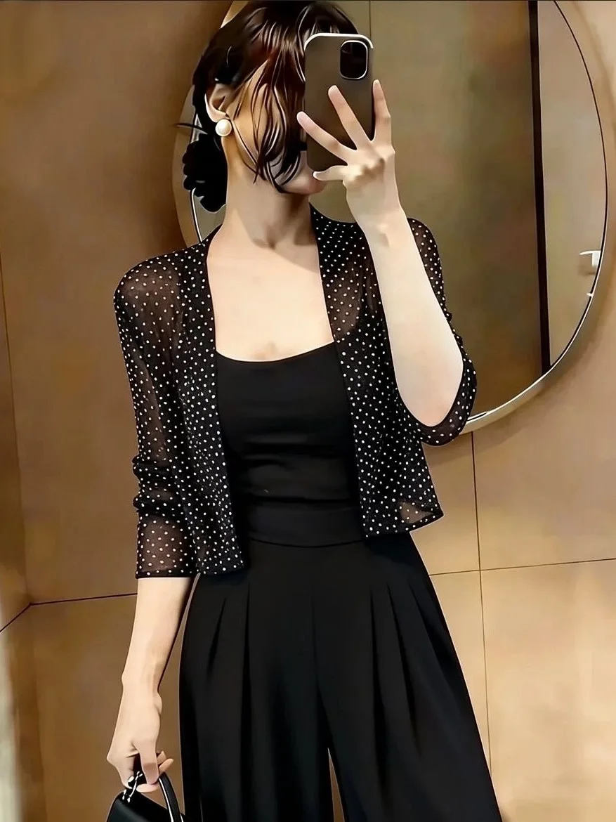 plus Size Women's Star Diamond Embellished Mesh Cardigan Shoulder Wrap Short Lightweight Breathable Comfortable Fashionable