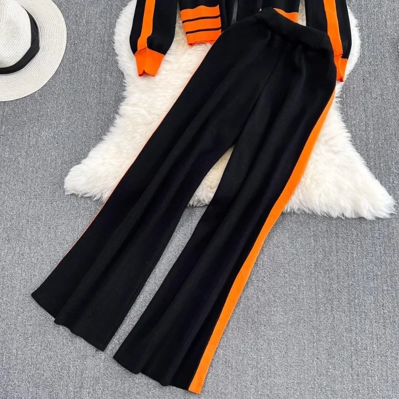 أزياء الرياضة البدلة المرأة عارضة طوق التباين اللون سترة متماسكة معطف عالية الخصر مستقيم بنطال ذو قصة أرجل واسعة 2 قطعة مجموعة الإناث