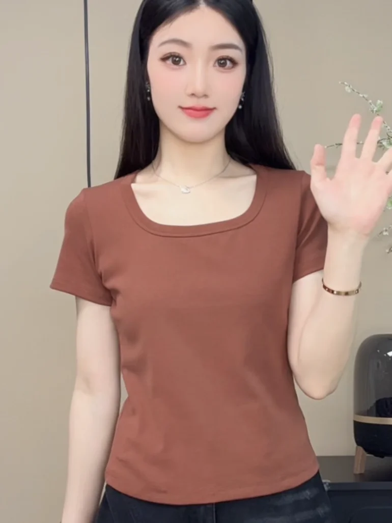 Slim Fit ort Sve T-shirt Dames Zomer Nieuwe Sle Casual Hoge Elastici Veelzijdige Losse Top Vierkante Kraag Basis irt