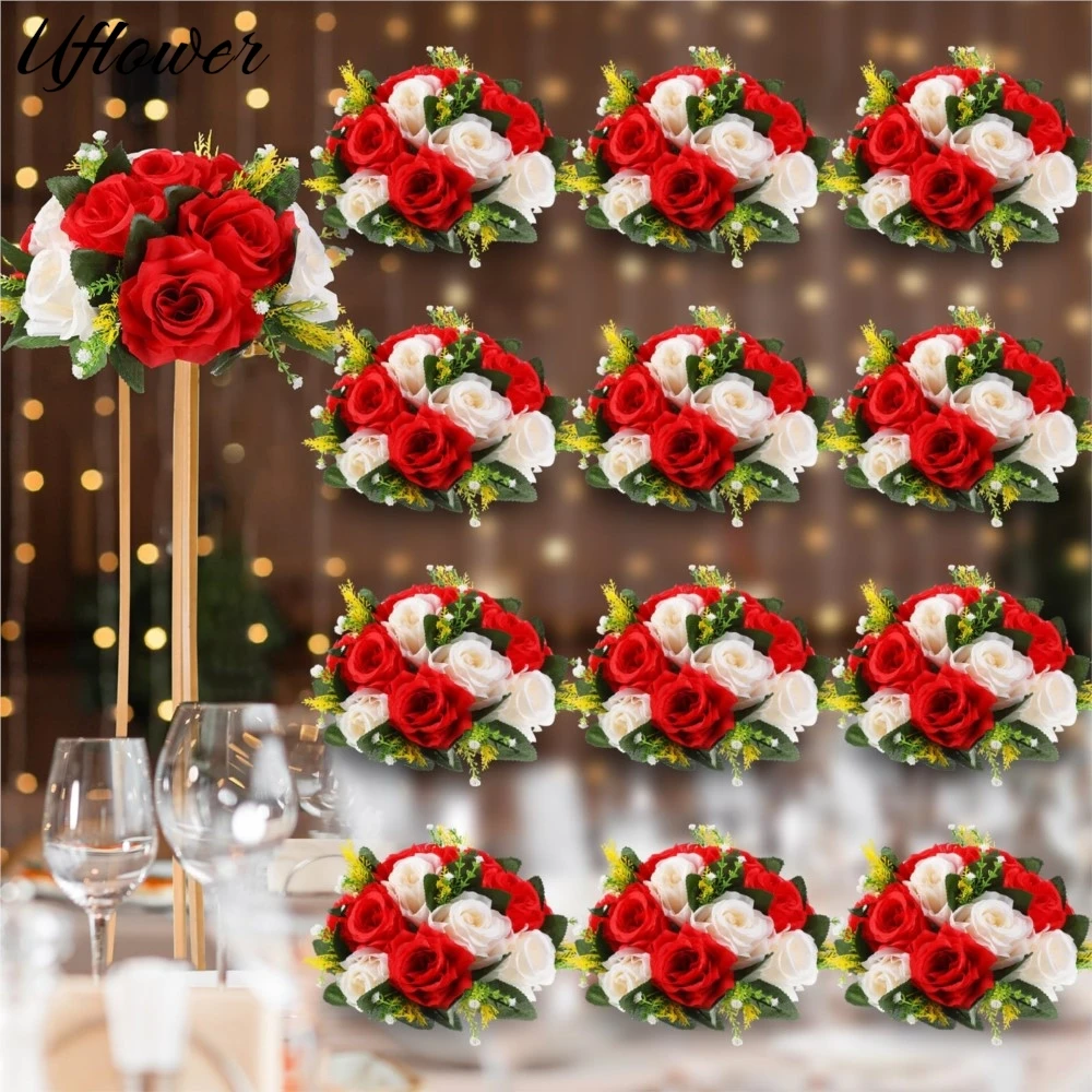 

4pcs Artificial Flowers Red Rose Ball Silk Fake Flower Bouquet Wedding Birthday Party Centerpiece Table Arrangements Decoration