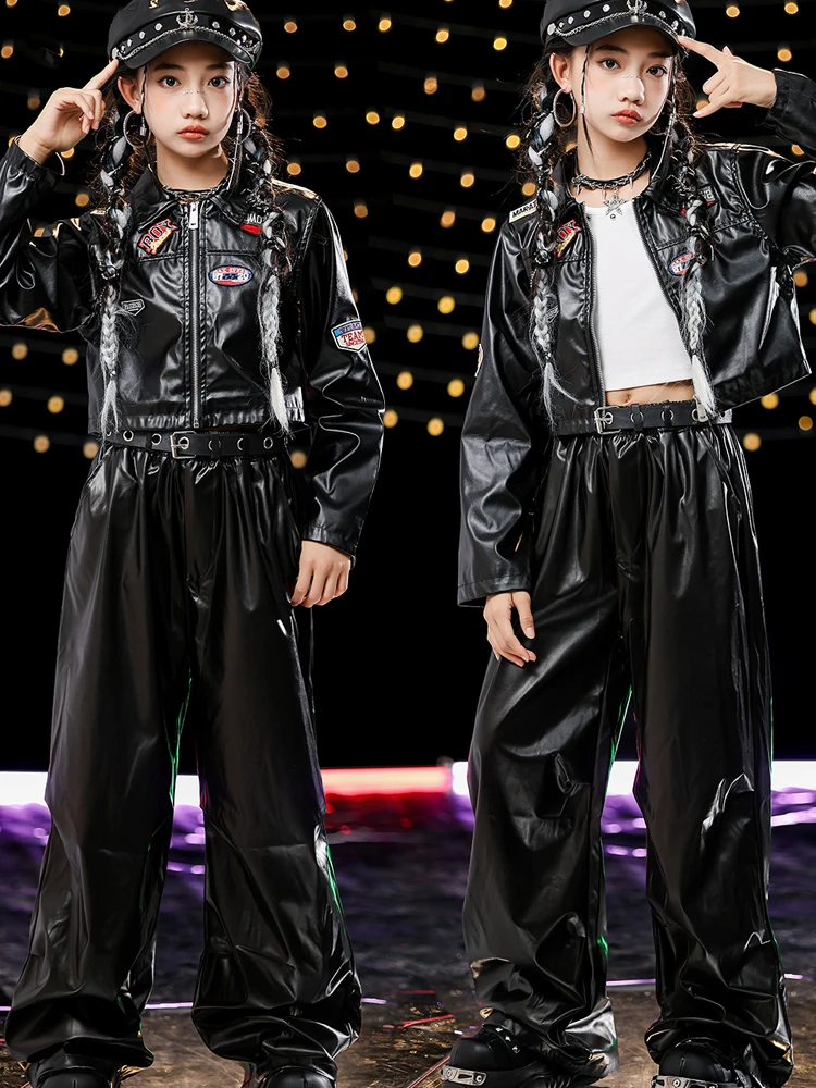 2025 kinder Hip Hop Dance Kostüme Für Mädchen Schwarz Crop Tops Leder Hosen Anzug Straße Dancewear Jazz Dance Kleidung DQS 20893
