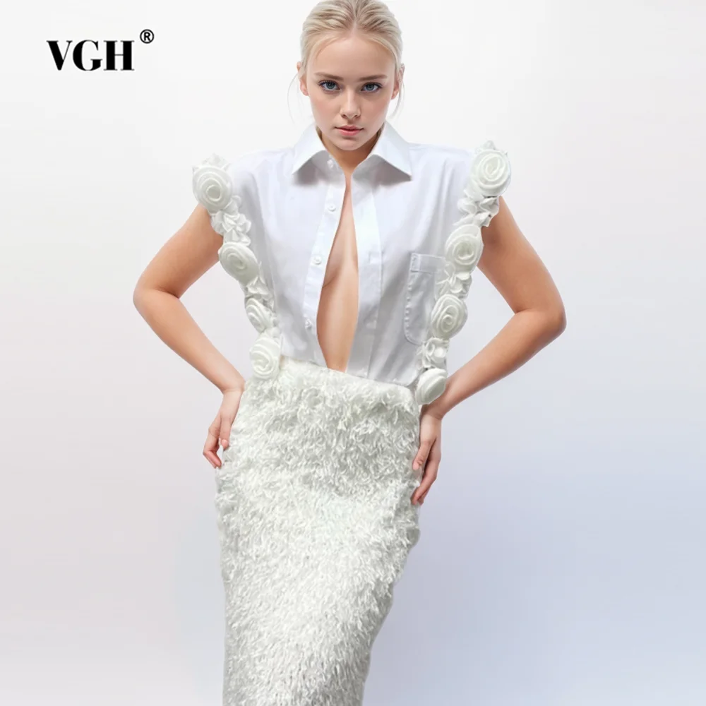 

VGH Solid Hollow Out Patchwork Appliques Shirts For Women Lapel Sleeveless Spliced Lace Up Minimalist Blouses Female Fashion New