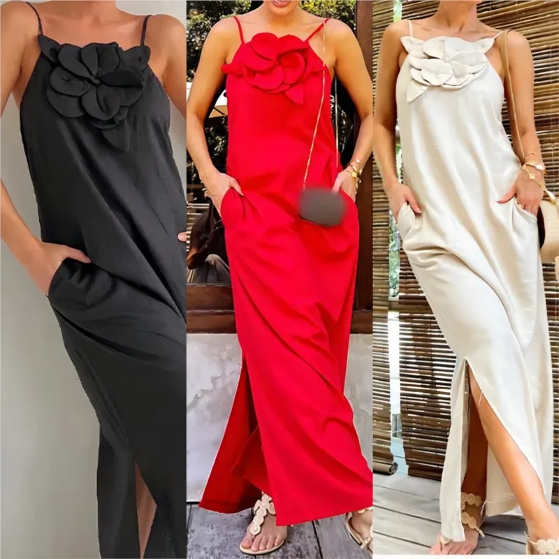 Sexy Women\'s Dress Spring Summer New Fashion Spaghetti Strap Flower Cotton Linen Prom Evening Maxi Dresses For Women Robe Femme