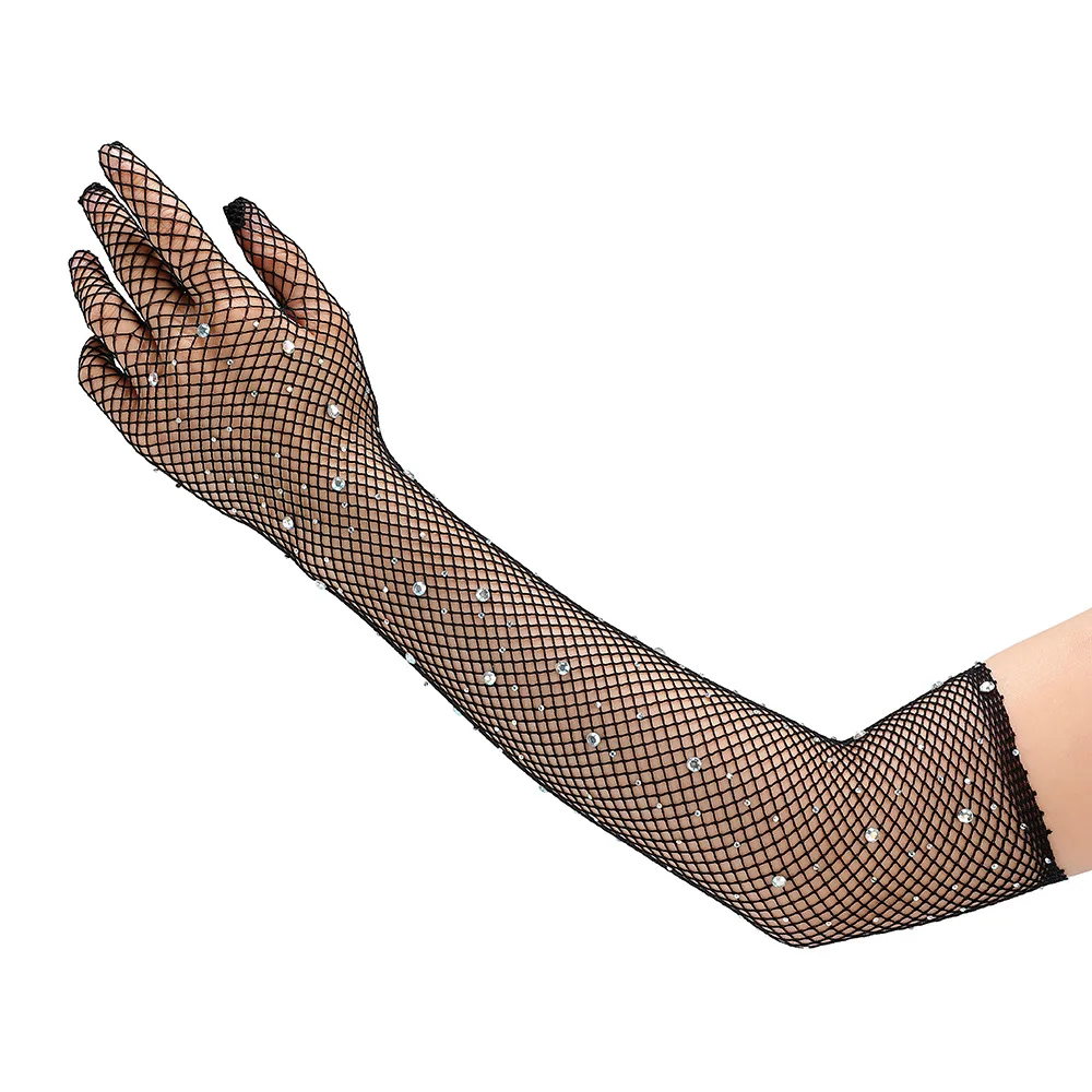 Gloves Full Finger Rhinestone Mesh Elastic Sparkling Music Festival Halloween Stage Party Show Decor Colorful Stretch Fit Light