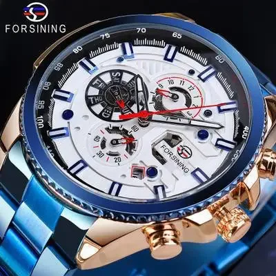 Forsining Waterproof Men's Mechanical Wristwatch Automatic Steel Strap Watch Stylish Fashionable Classic Watch Eyes Needles