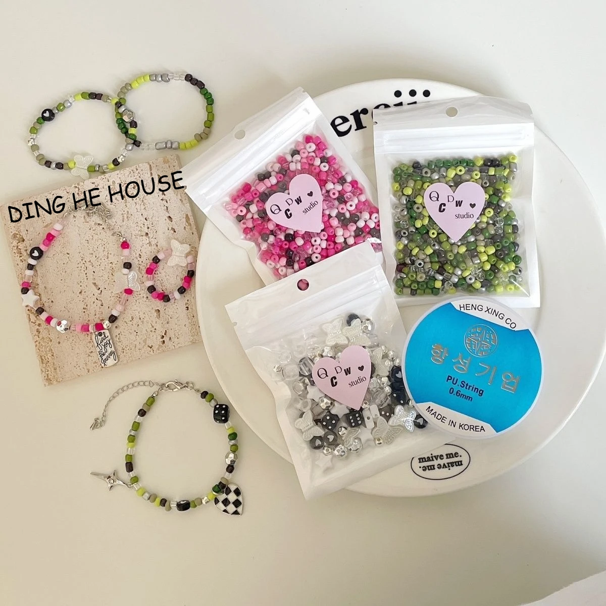 

Summer Y2K Black Pink Bracelet Mixed Material Packaging Colorful Glass Spacer Beads DIY Handmade Pendant Creative Necklace Ring