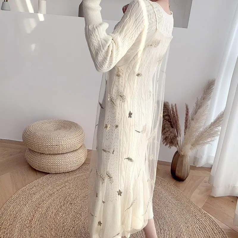 Korean Slim Knit Sweater Dress Women Knitted Mesh Spaghetti Strap Dress Female Long Sleeve Winter Autumn Dress