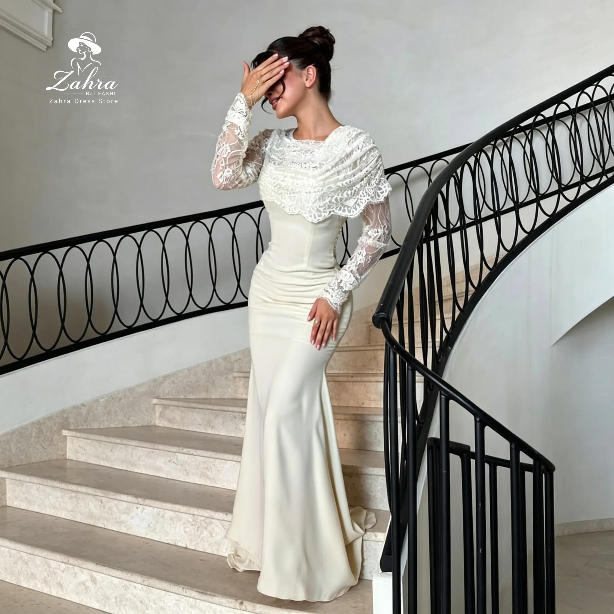 Women's Formal Evening Cream Lace Cape Rhinestone Fringe Back Evening Dresses Long Sleeve Elegant Wedding Dresses