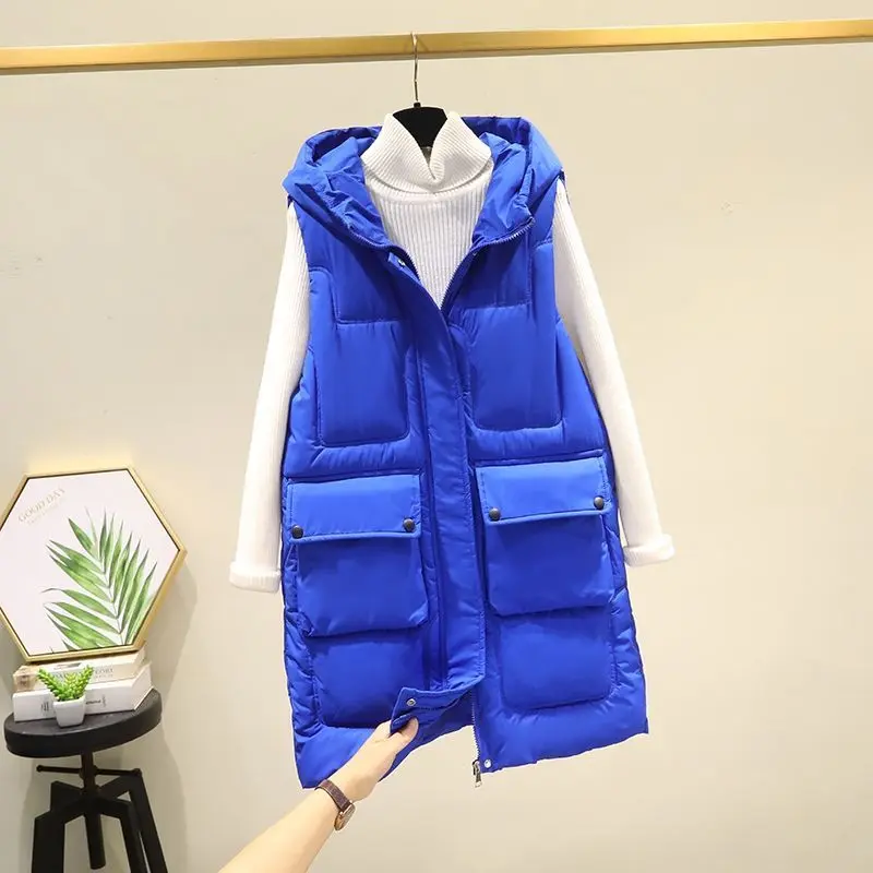 

Snow Wear Warm Long Waistcoat Women Autumn Winter Waterproof Vest Hooded Big Pockets Fashion Parka Sleeveless Jacket Size 5XL