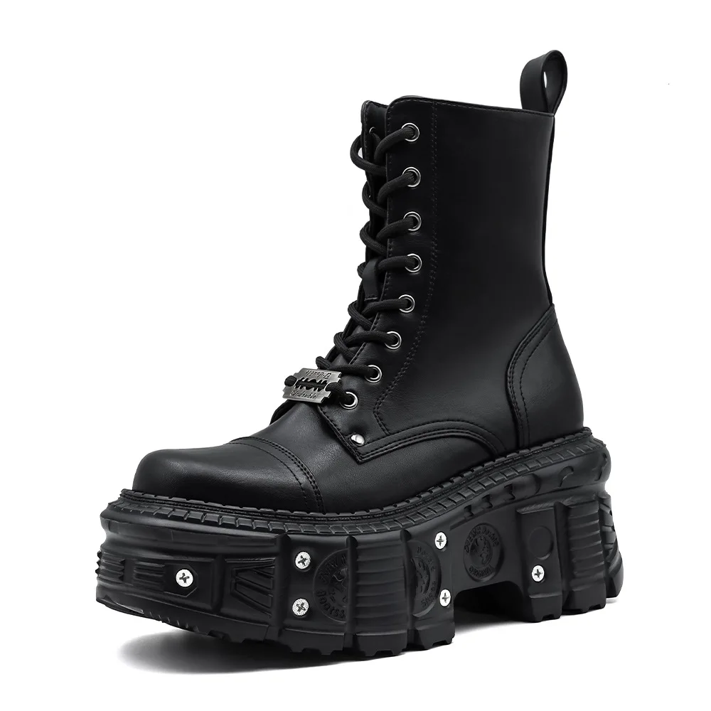 

Metal Thick-Soled Heightening man Women's Ankle Boots Dark Punk Lace Up Leather Round Toe Goth Motorcycle Boots Short Boots 44