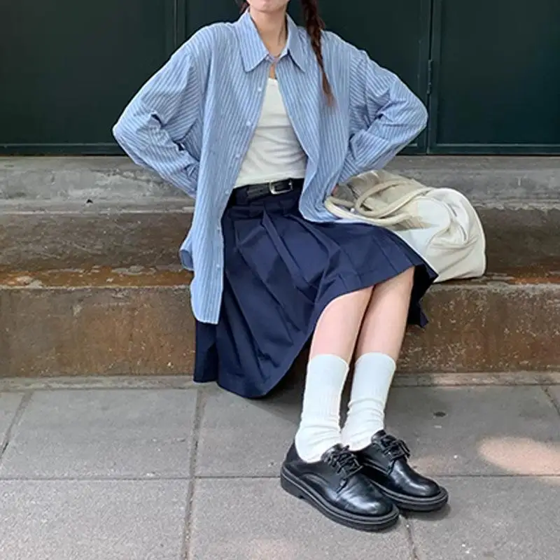 Camicetta Primaverile a Righe Blu per Donna, Stile Coreano, Maniche Lunghe, Casual e Dolce