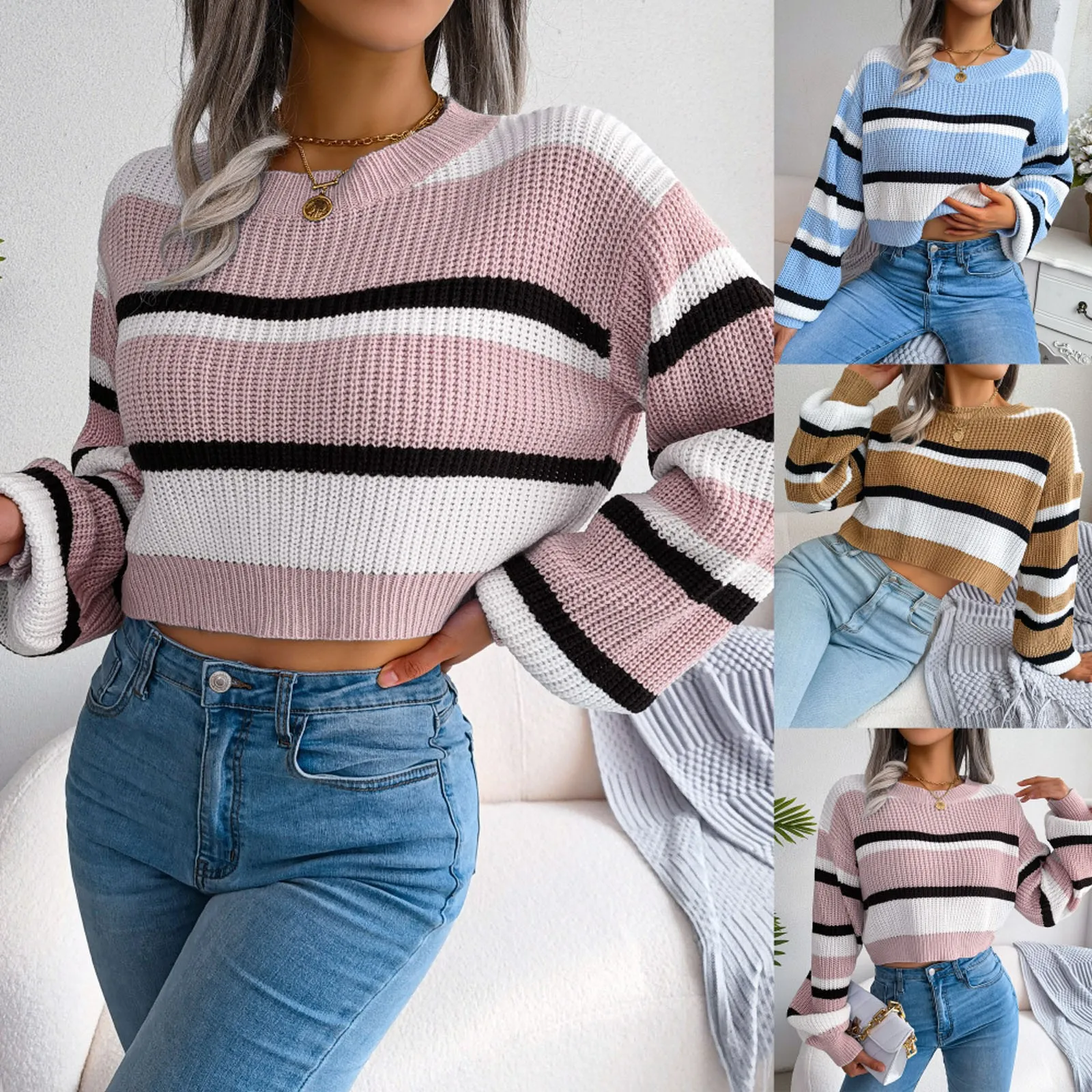 Women\'s Sweaters Autumn Winter Top Ins Style Casual Striped Long Sleeve Crop Knit Sweater