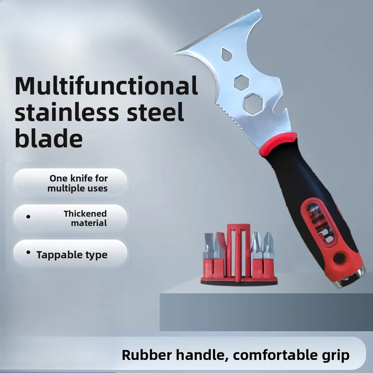 Multi-Function Putty Knife with Screwdriver Bits, Stainless Steel, Plastic Handle, 16-in-1 Scraper Tool