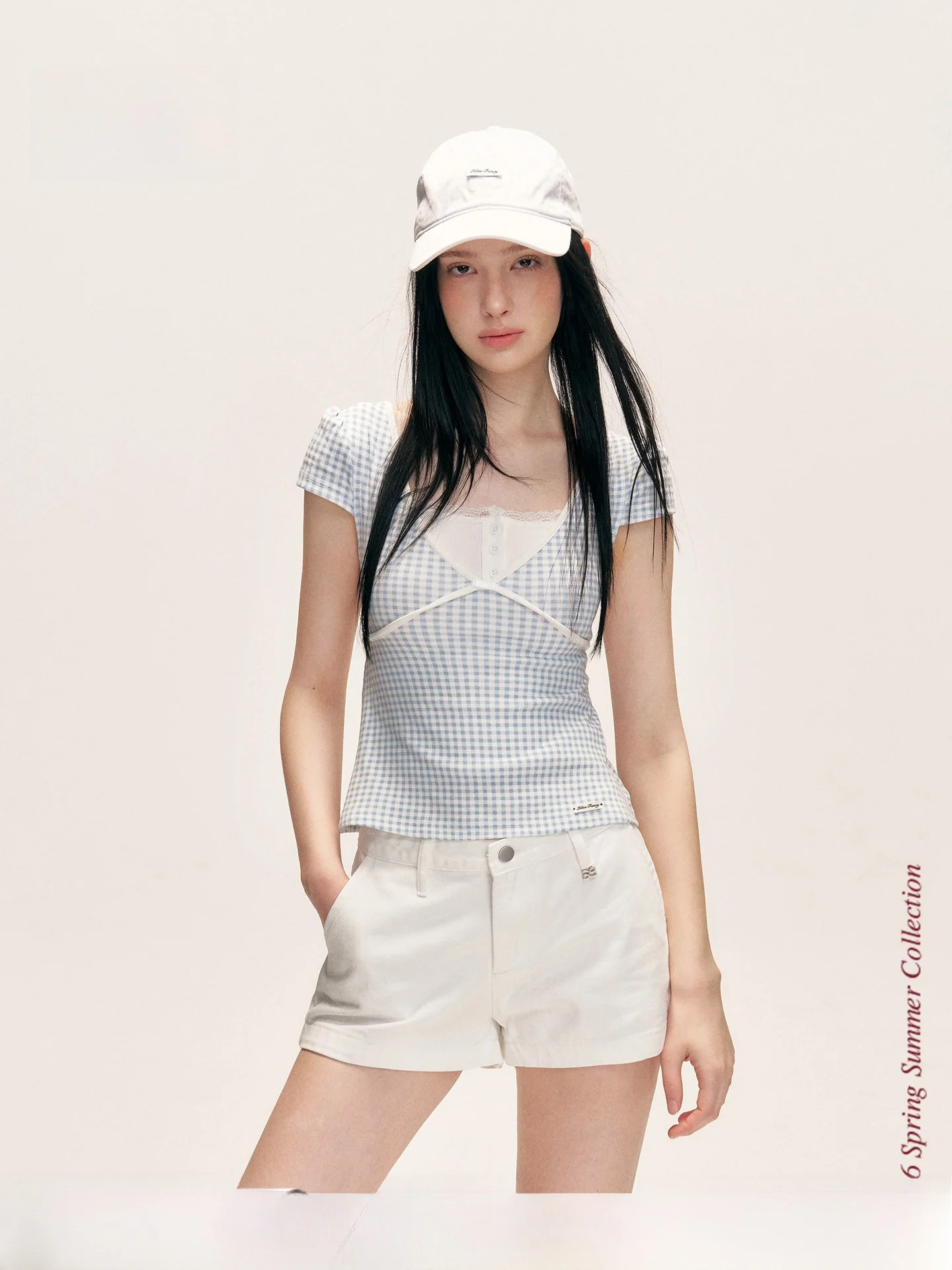 

Liilou Short Sleeve T-Shirt V-Neck Backless Gingham Pattern Hollow out Sleeve Women's Casual Style Slim Fit Cotton Top