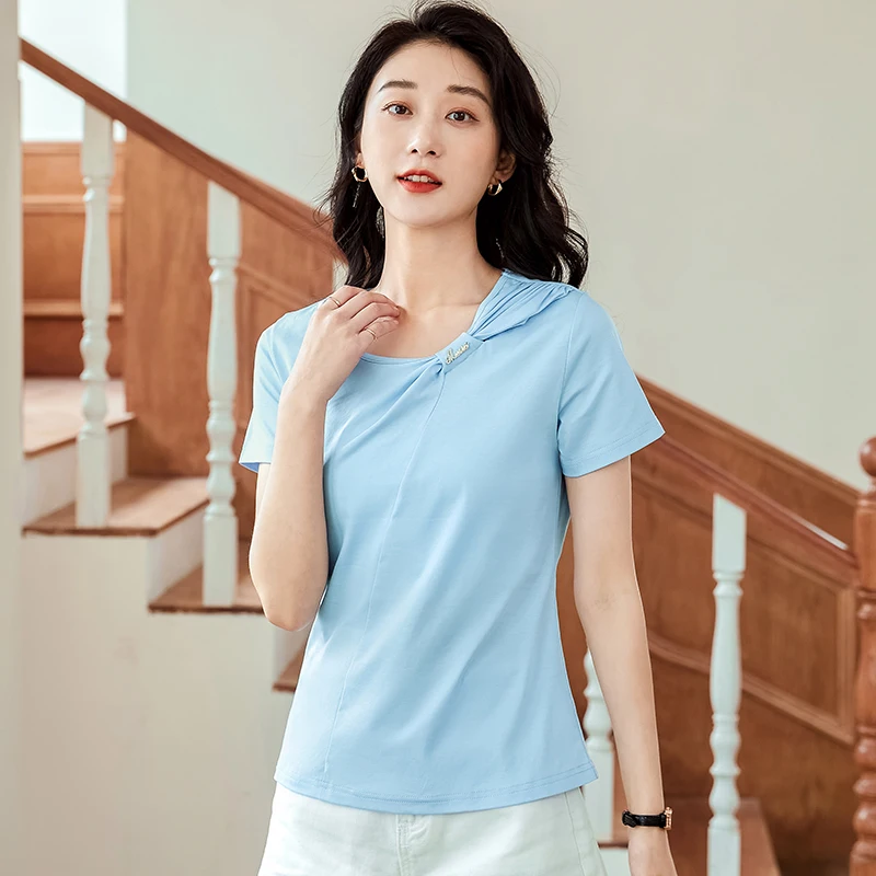 2023 Summer New Solid Short Sleeve Women's T-shirt Round Neck Cotton Splice Comfortable Fashion Casual Fit Pure Cotton Top