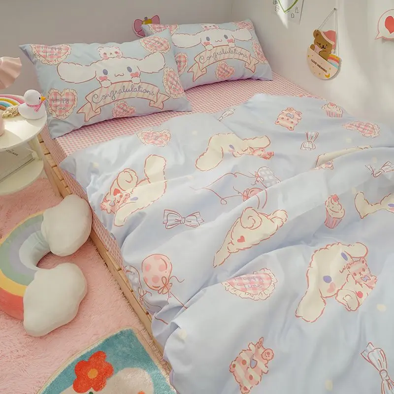 

Girls' Heart Dormitory Three Piece Quilt Cover Bed Sheet Pillowcase Bedclothes Sanrio Cinnamoroll Cartoon Animation Bedroom Toy