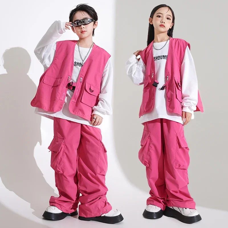 Cargo Pants for Girl Boy Jazz Dance Costume Clothes Kids Hip Hop Clothing Green Oversize Vest Tops Streetwear Casual Pockets