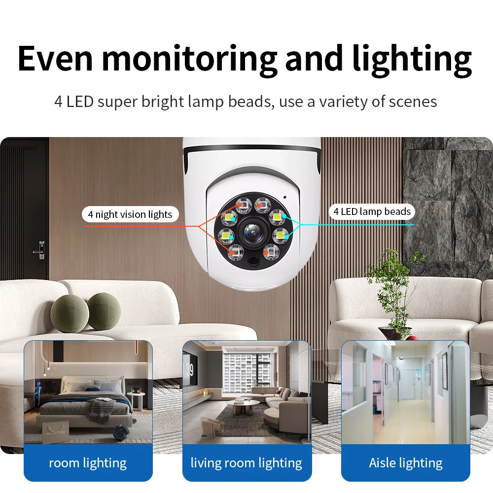 3MP WiFi E27 Bulb Camera Home PTZ Wireless Surveillance Camera 4X Digital Zoom AI Human Motion Detect Full Auto Night Vision