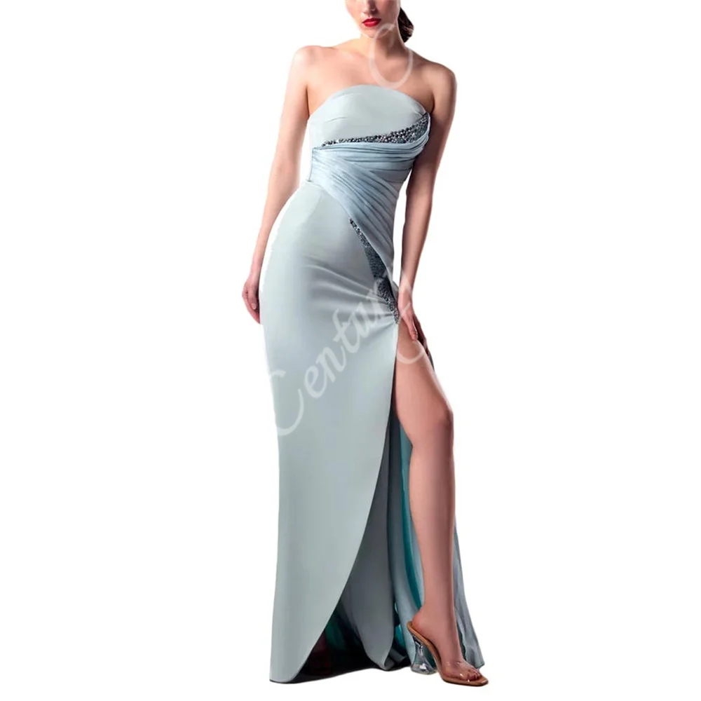 Beading Strapless Evening Dresses Sexy Slit Satin Prom Dress Pleated Customized Formal Occasion Wedding Party Gowns Robe Soiree