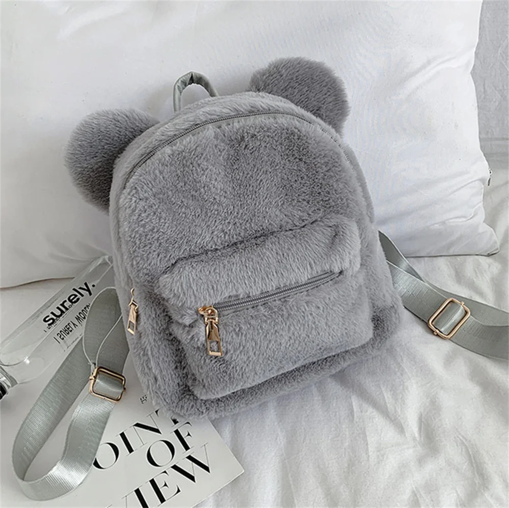 Custom Plush Small Backpack Autumn/Winter Simple Plush Bear Ear Women\'s Bag Personalized Name Cute and Fashionable Outdoor Bags