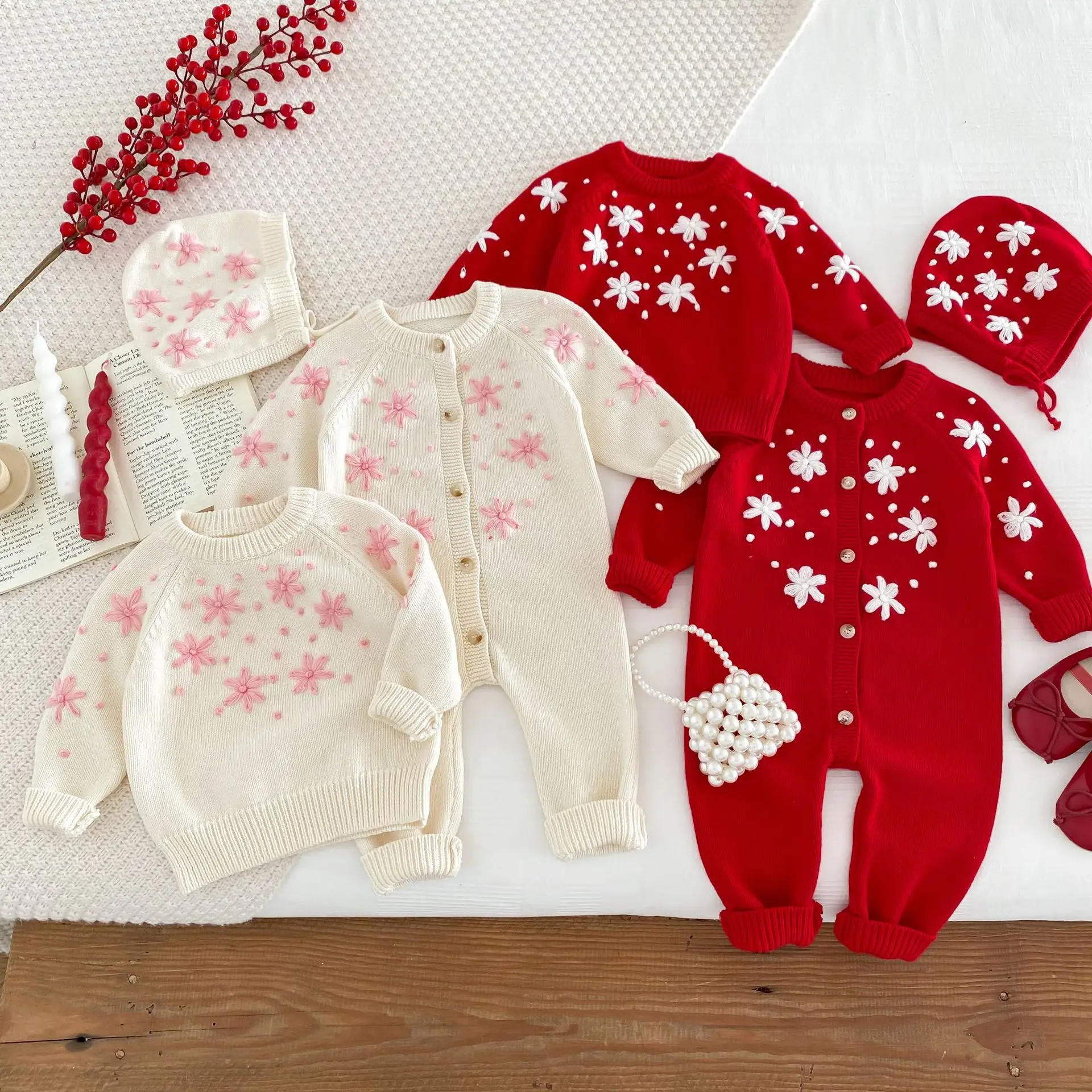 2024 Autumn Baby Girls Knitwears Knitted Cotton Yarn Handmade Crochet Infant Girls Jumpsuit Stylish Snowflake Toddler Girl Coat