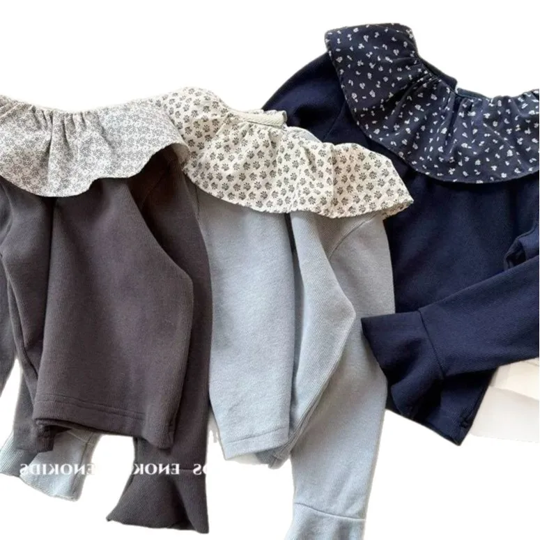 Base Layer Children Art Floral Ruffle Collar Spring and Autumn Cotton Base Shirt Forest Style Retro Long Sleeved T-shirt