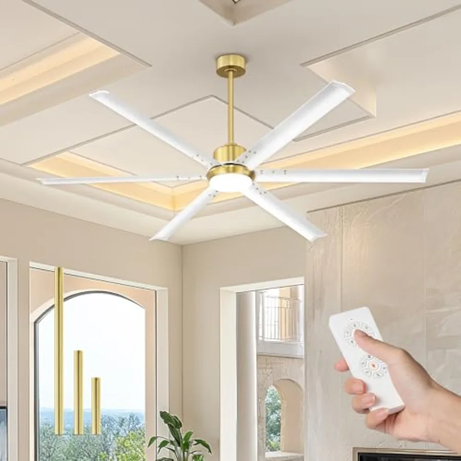 

72 Inch Ceiling Fan with Light for Covered Outdoor Porch, Industrial Aluminum Blades, White and Gold, DC Motor 6-Speed Reversib