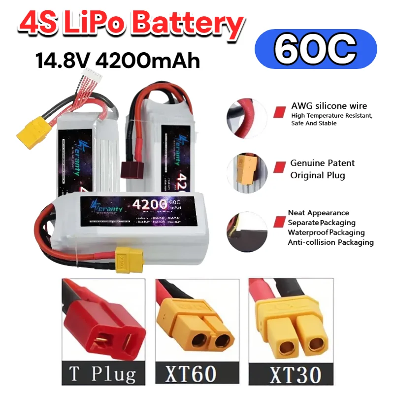 

High Performance 4S 14.8V 4200mAh 60C Lipo Battery for RC Car Truck Airplane Helicopter Boat with Deans T/XT30/XT60 Plug
