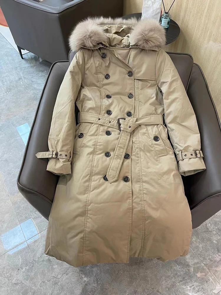 

Detachable Hat High Quality Long Tailored Double-Breasted British Style down Jacket with Fur Collar 2025 Winter New Arrival f...