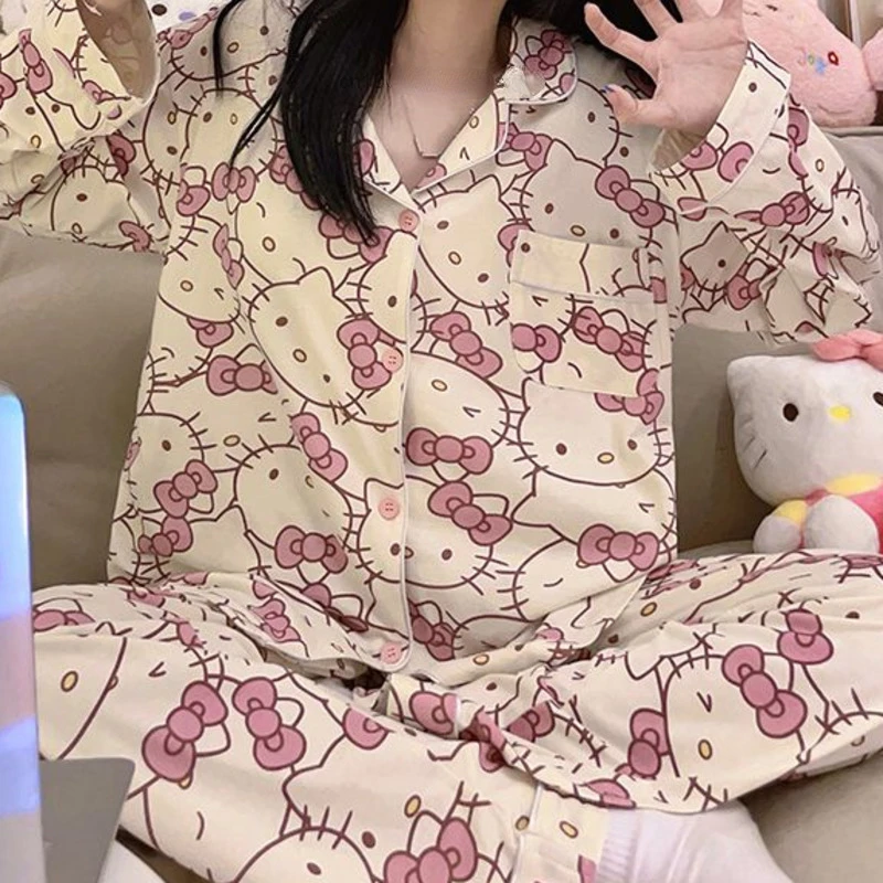 Sanrio Hallo Kitty Melodie Mode süße Pyjama Set für Frauen Frühling Herbst übergroße neue koreanische Stil niedlichen Studenten zu Hause Kleidung