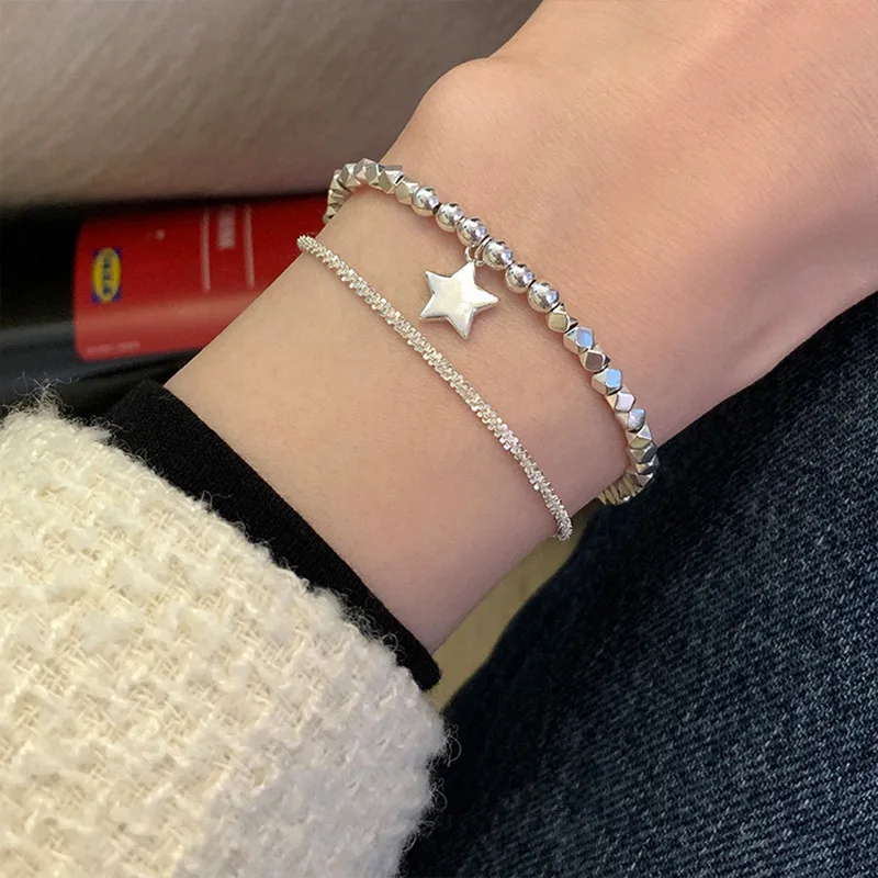 2Pcs Hot Selling Flash Broken Silver Five-Pointed Star Pendant Double Layer Alloy Bracelet for Ladies Fashionable and Luxury