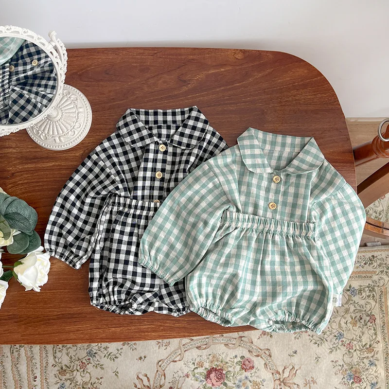 

2023 Fashion Plaid Baby's Sets Korea Spring Autumn 2Pcs Boys Girls' Top Shorts Plaid Set Newborn Clothes 0-24Months