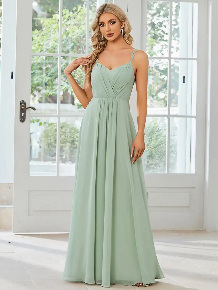 Elegante avondjurk V-rug rugloze vloerlengte Ever Pretty 2025, chiffon rimpel mintgroene bruidsmeisjesjurk