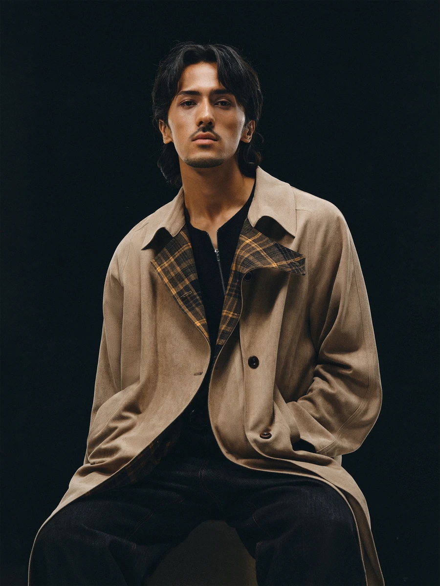 

ATRY Double-Sided Wear Suede Plaid Men's Autumn Winter Faion Casual Retro Collar Mid-Length Coat Polyester Fiber Stand Fit