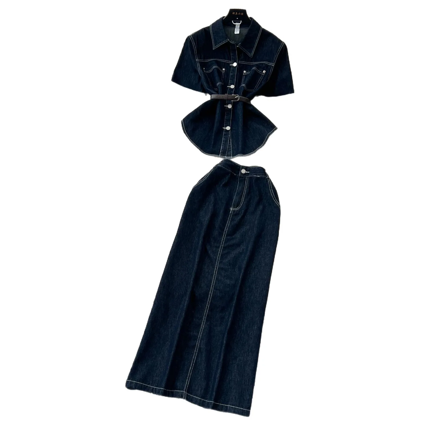 프렌치 라이트 성숙한 스타일의 스트랩 허리 짧은 소매 데님 탑 여성용 하이웨이스트 스플릿 힙 스커트 여름 투피스 세트