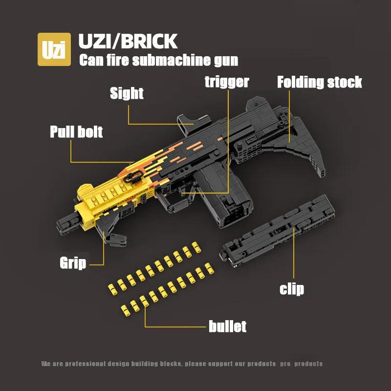900PCS Technical MOC Auto UZI Submachine Gun Building Blocks Construction Bricks Shooting Model Toys Gift For Adult