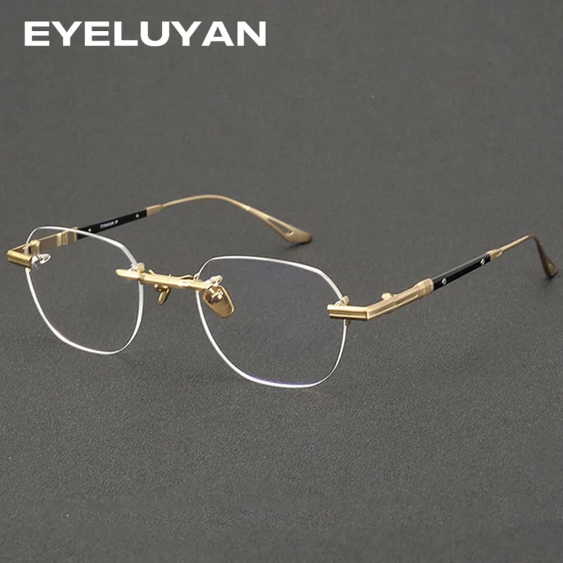 

EYELUYAN Luxury Rimless Glasses Frame Men Lightweight Pure Titanium Golden Eyewear Optical Myopia Frames DEX015