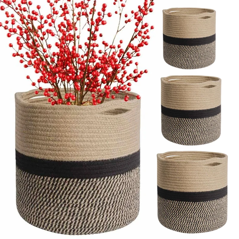 Pot Handmade Basket Large Capacity Hand-woven Cotton Rope Basket Woven Flower Pot Round Storage Basket Home Decoration