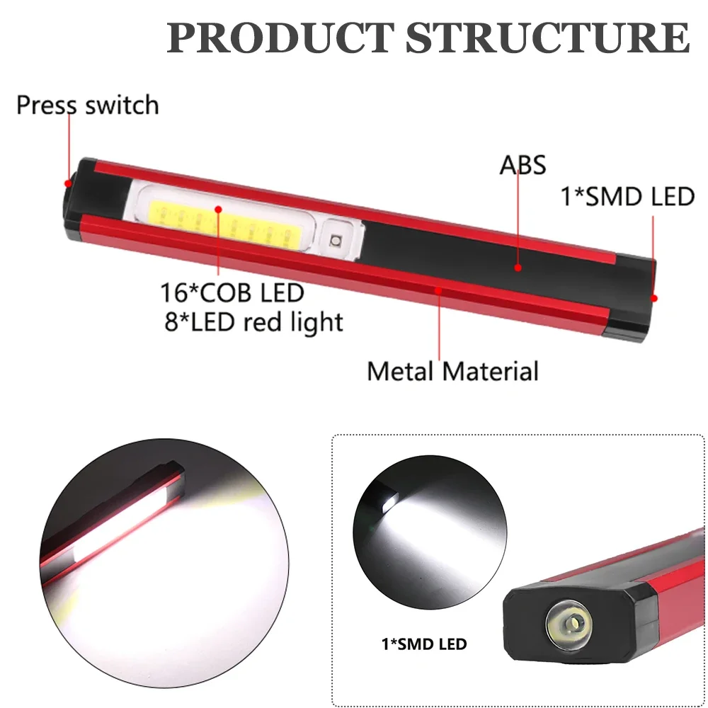 Portable LED Work Light COB Flashlight Magnetic Searchlight USB Rechargeable Tent Lantern Inspection Light with Red/White Light