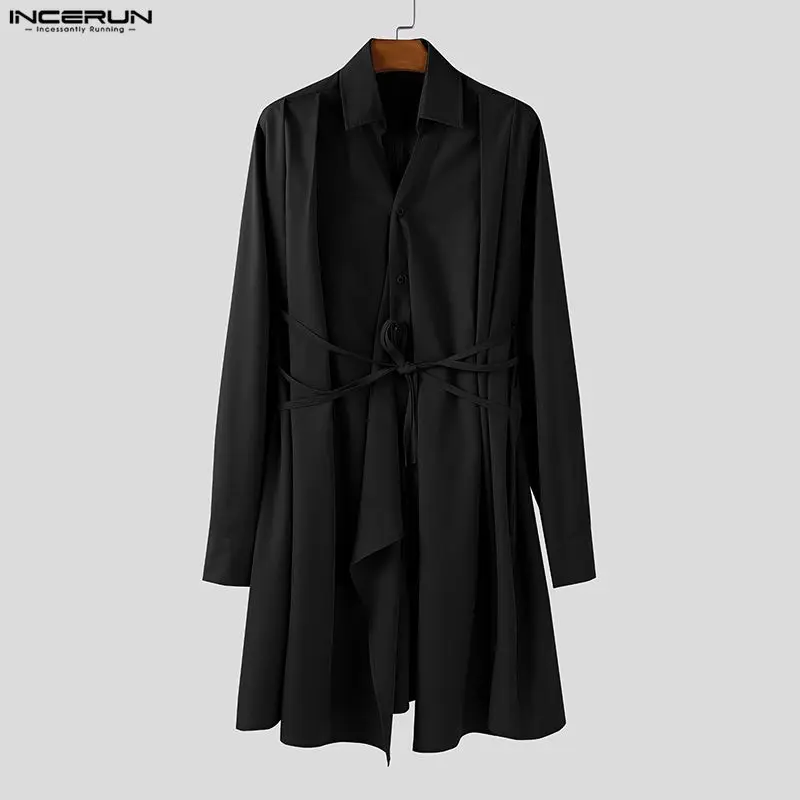 INCERUN الرجال نمط طويل قميص الصلبة التلبيب كم طويل زر الدانتيل يصل الرجال الملابس فضفاضة الشارع الشهير موضة الذكور غير النظامية القمصان #6