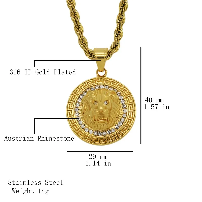 Stainless steel color preserved gold-plated zircon lion head men's pendant