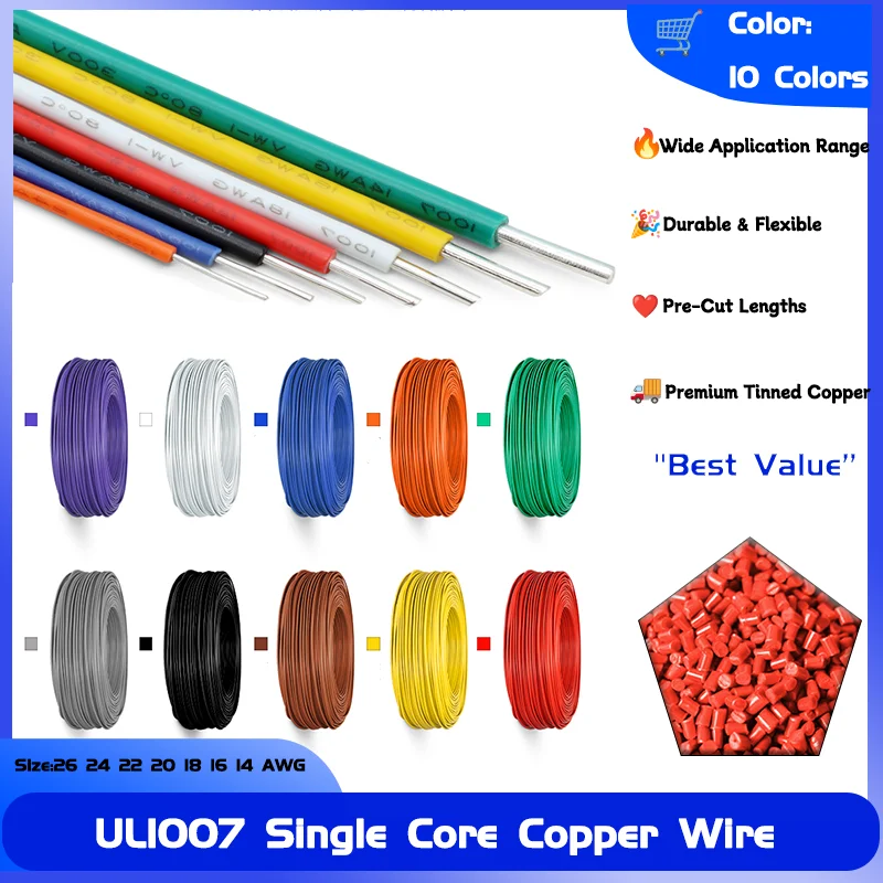 

UL1007 Single Core Copper Wire 26 24 22 20 18 16 14 AWG PVC 5/10/20M Insulation Solid Tinned Plating Line Electric Cable Line